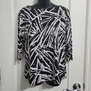 #096 Tribal Black & White Embelished Abstract 3/4 Sleeve Blouse Sz Large